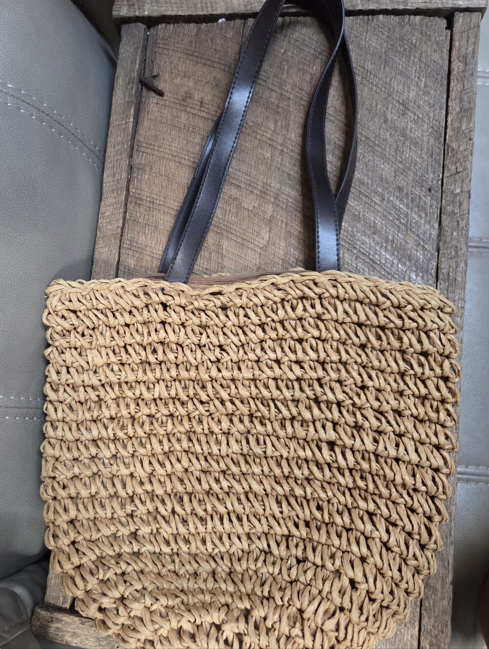 Boho Woven Straw Tote Bag - Tan Shoulder Purse with Brown Straps Bin 1Q